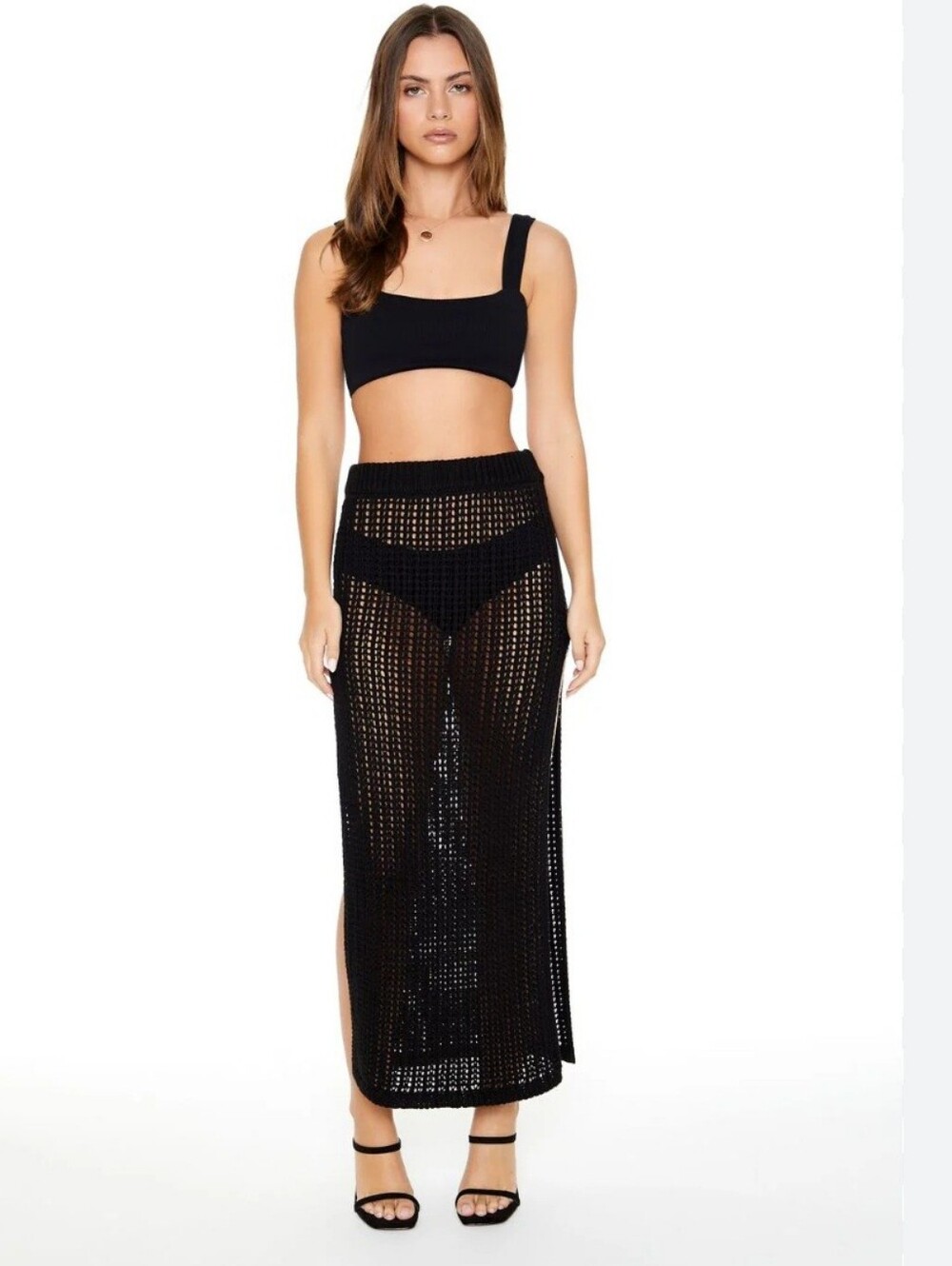 🚨NEW FOREVER 21 Black Crochet Cut Out Maxi Skirt Swim Cover Festival Beach Sz S - Picture 10 of 11